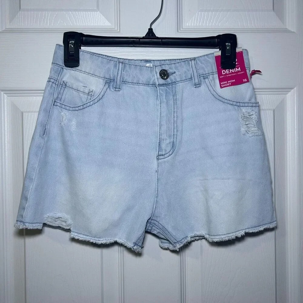 Justice Denim Shorts Girls 16 Blue Mini Distressed Raw Hem Zip Fly NWT